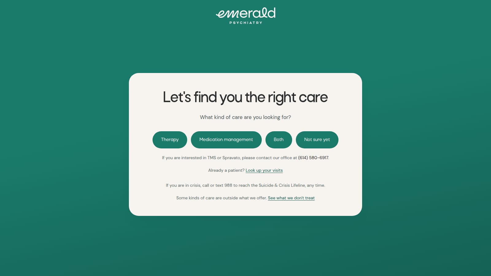 Emerald Psychiatry's online scheduler, powered by Pretty Good AI, asking a new patient what kind of care they are looking for