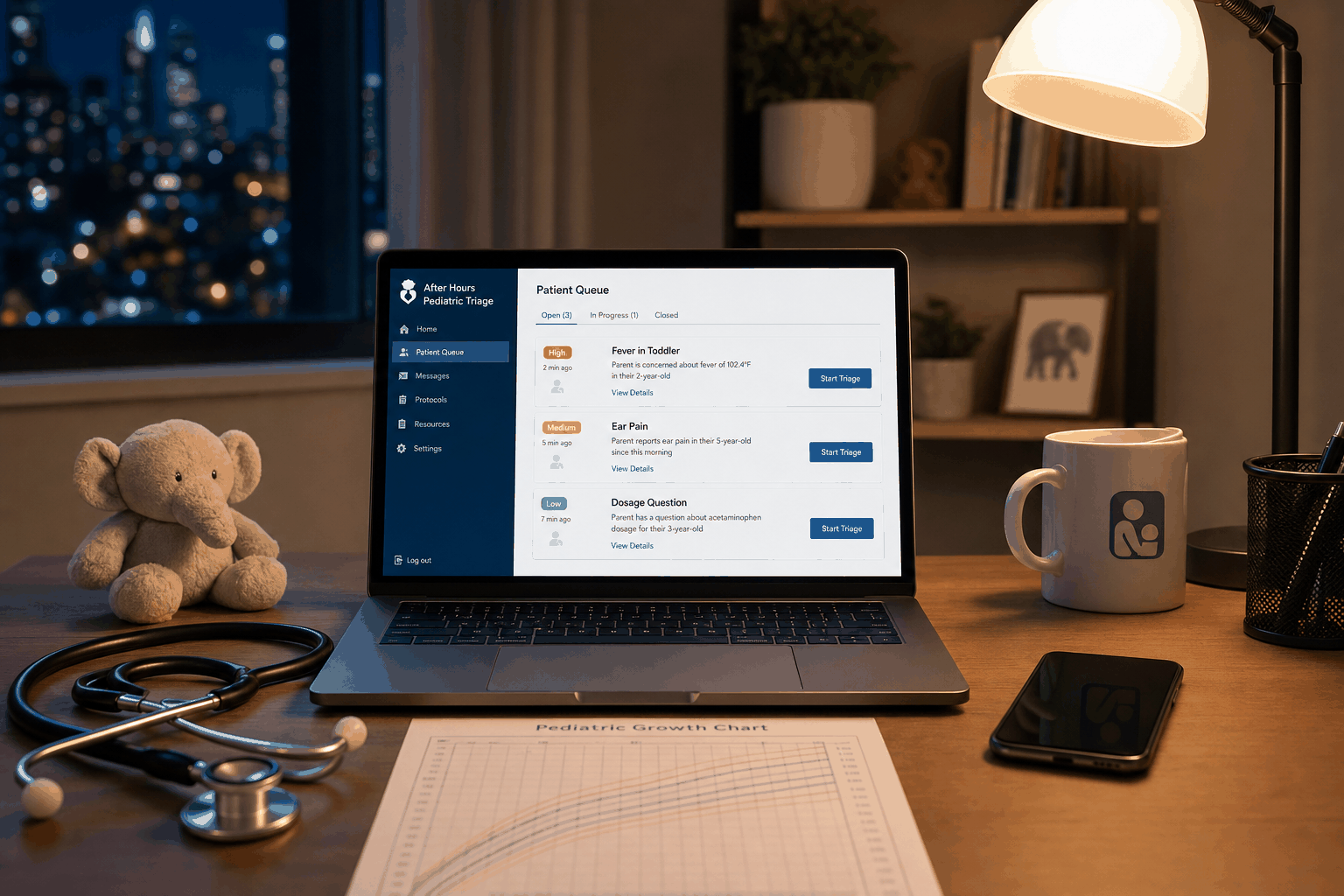 Pediatric practice after-hours triage desk for parent fever and symptom questions handled by AI