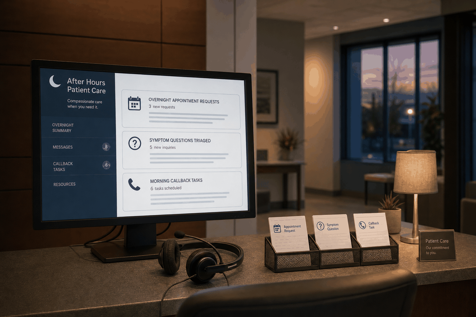 After-hours medical practice desk capturing overnight appointment requests and symptom questions with AI
