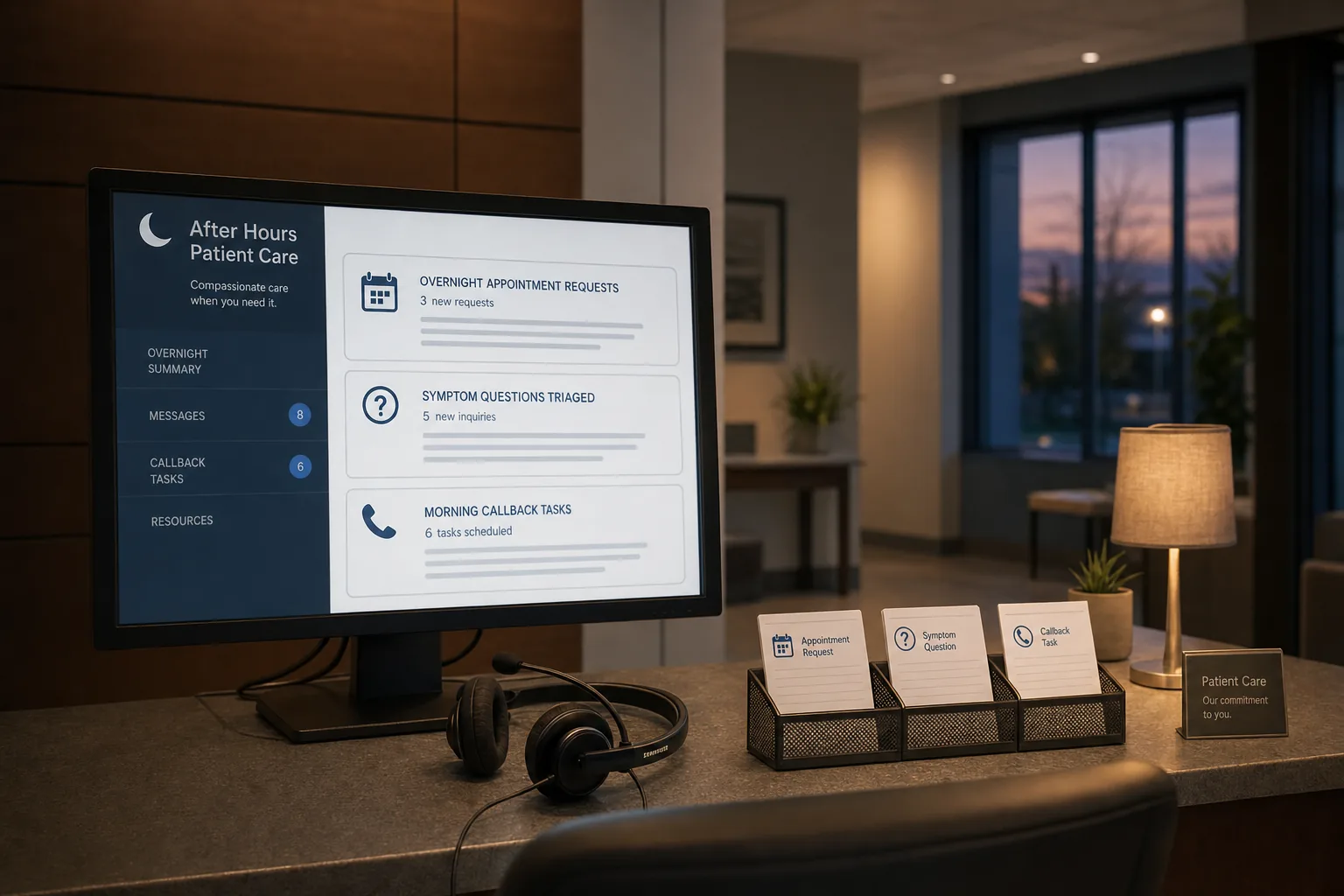 After-hours medical practice desk capturing overnight appointment requests and symptom questions with AI
