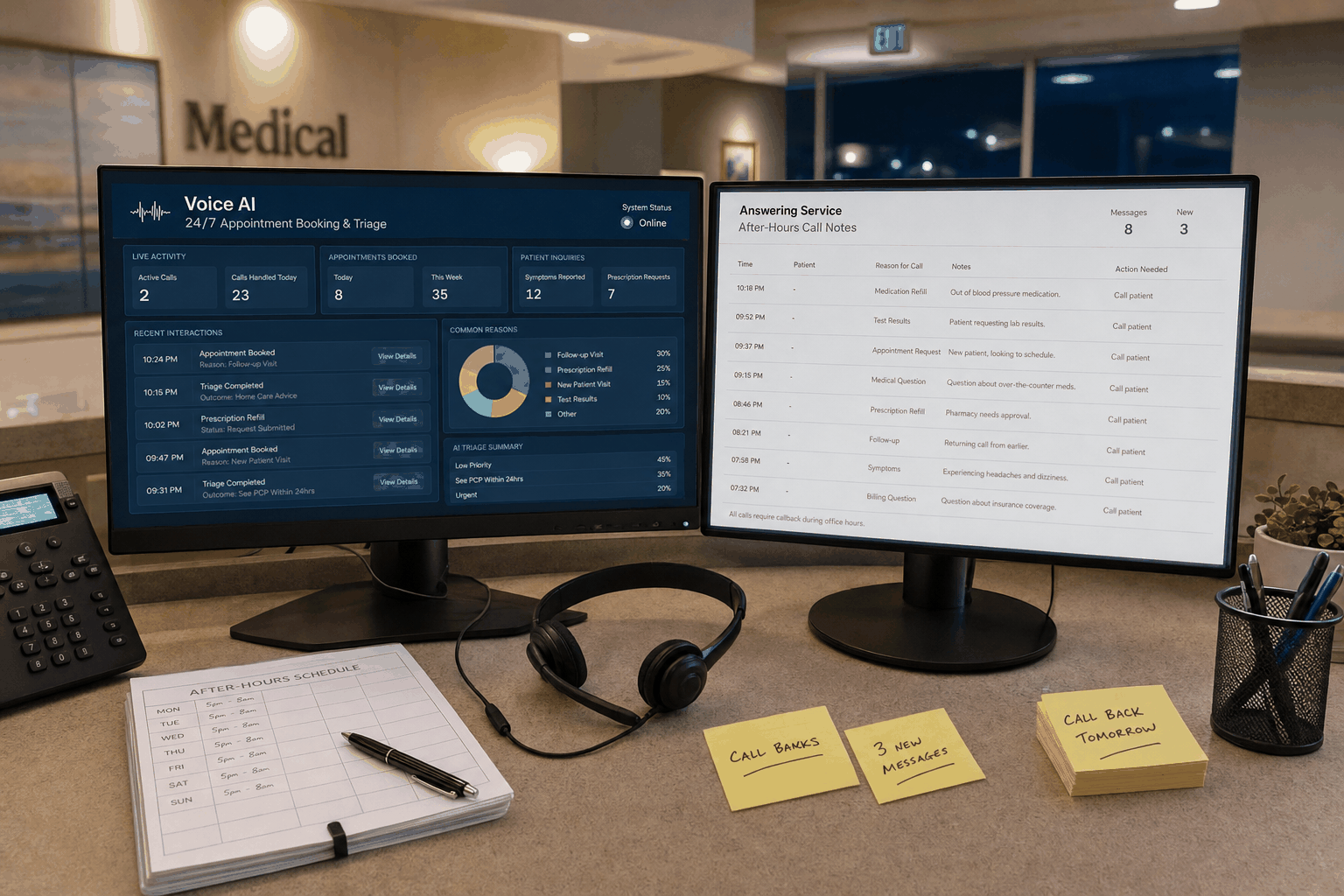 Medical practice comparing voice AI after-hours triage with traditional answering service notes