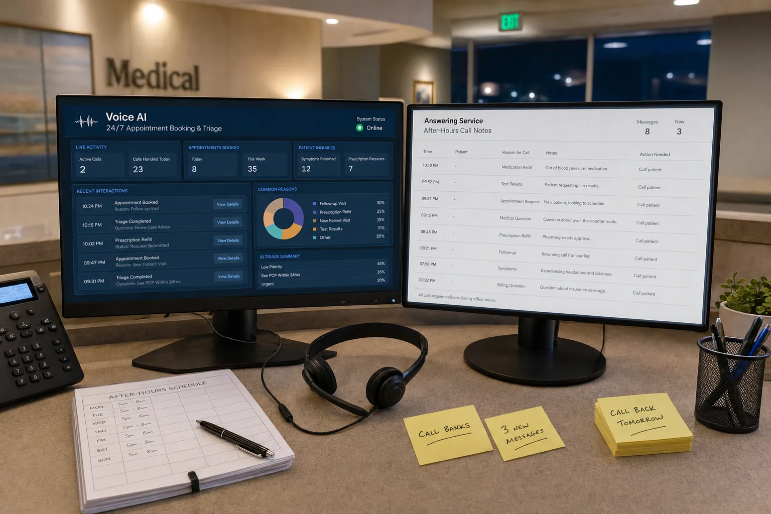 Medical practice comparing voice AI after-hours triage with traditional answering service notes