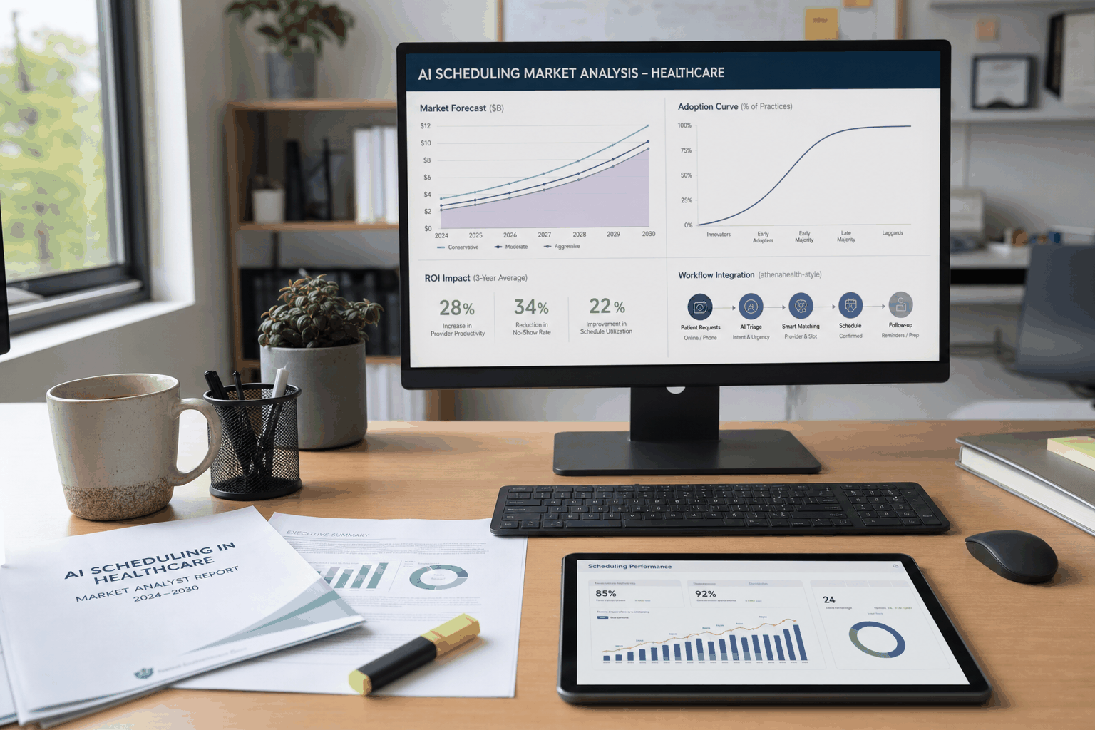 Healthcare AI scheduling market analysis dashboard with adoption and ROI metrics