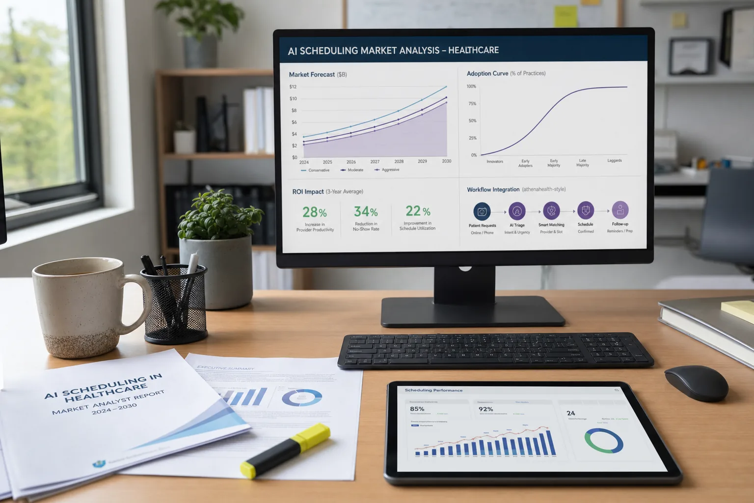 Healthcare AI scheduling market analysis dashboard with adoption and ROI metrics