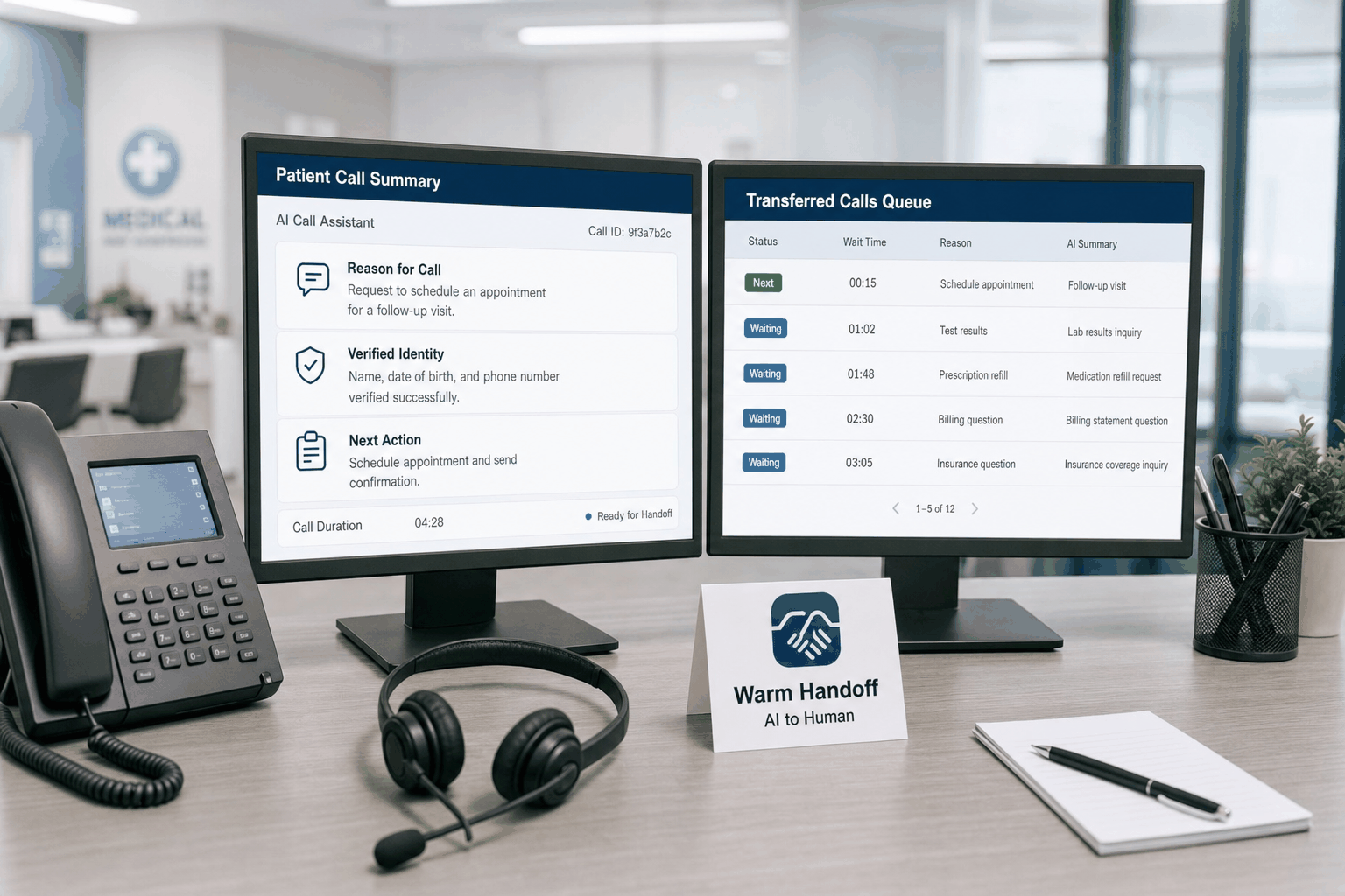 Medical practice call center warm handoff dashboard transferring AI call context to staff