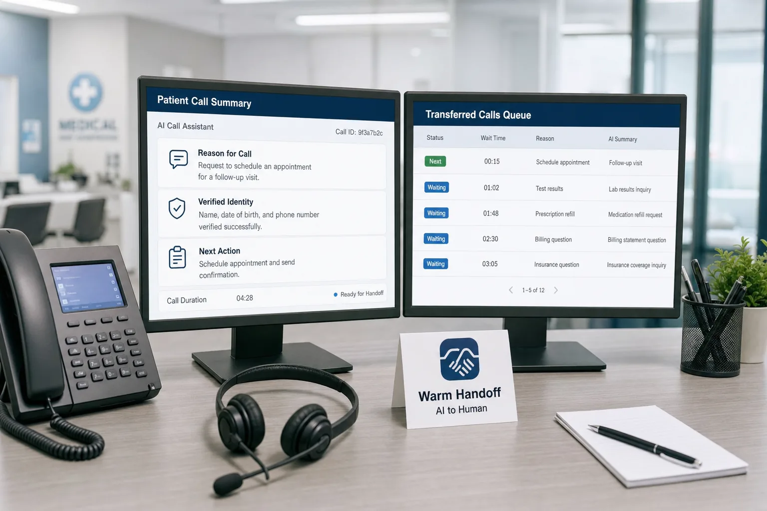 Medical practice call center warm handoff dashboard transferring AI call context to staff