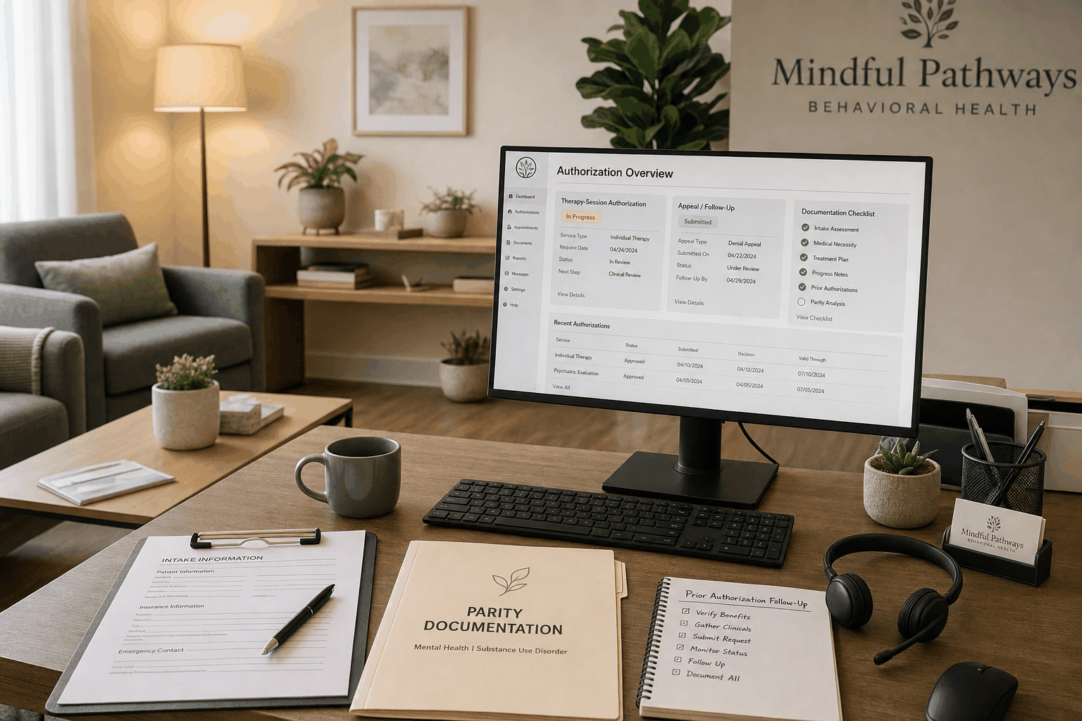 Behavioral health prior authorization desk reviewing therapy approvals and documentation with AI