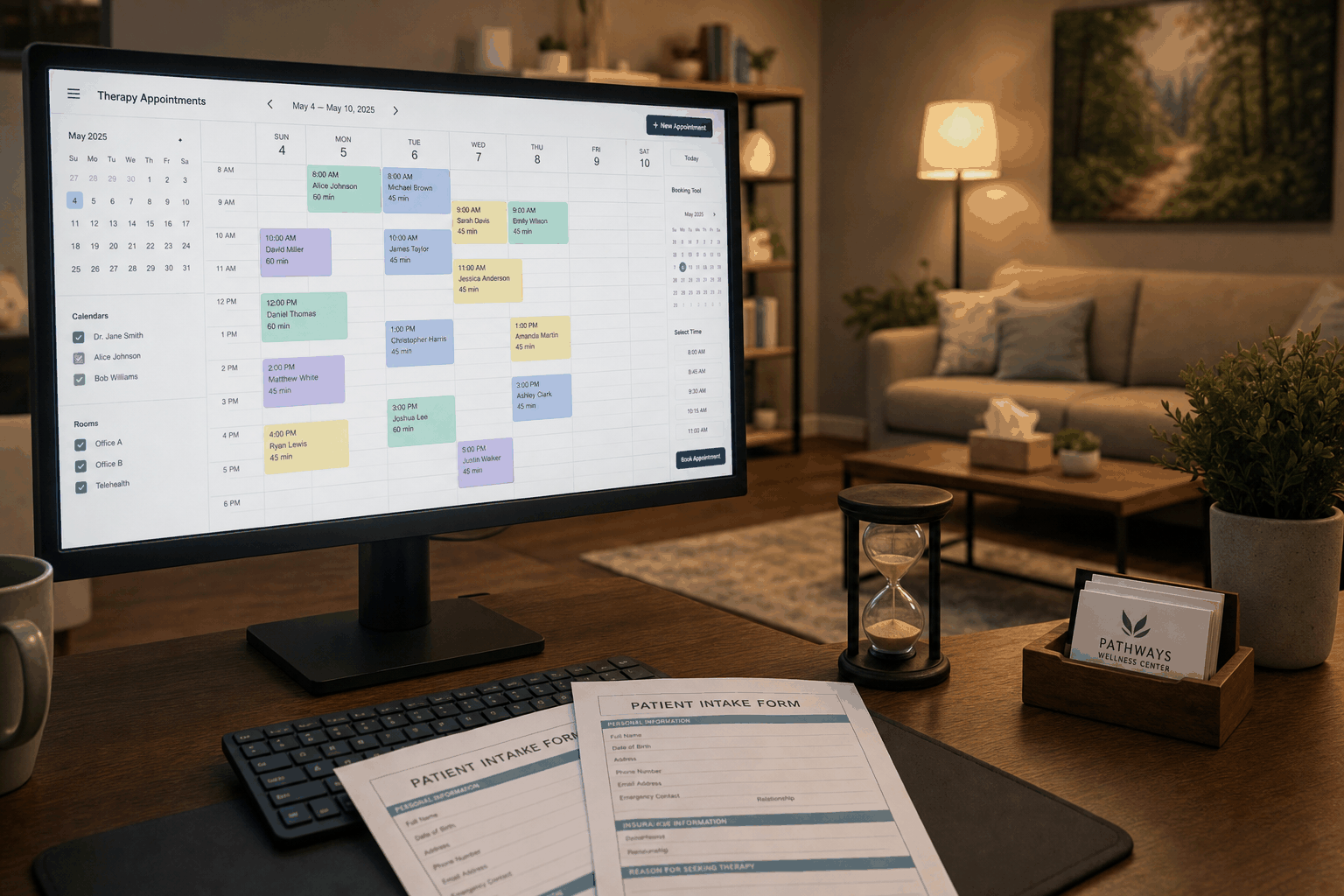 Behavioral health practice scheduling coordinator reviewing AI-managed patient appointment requests