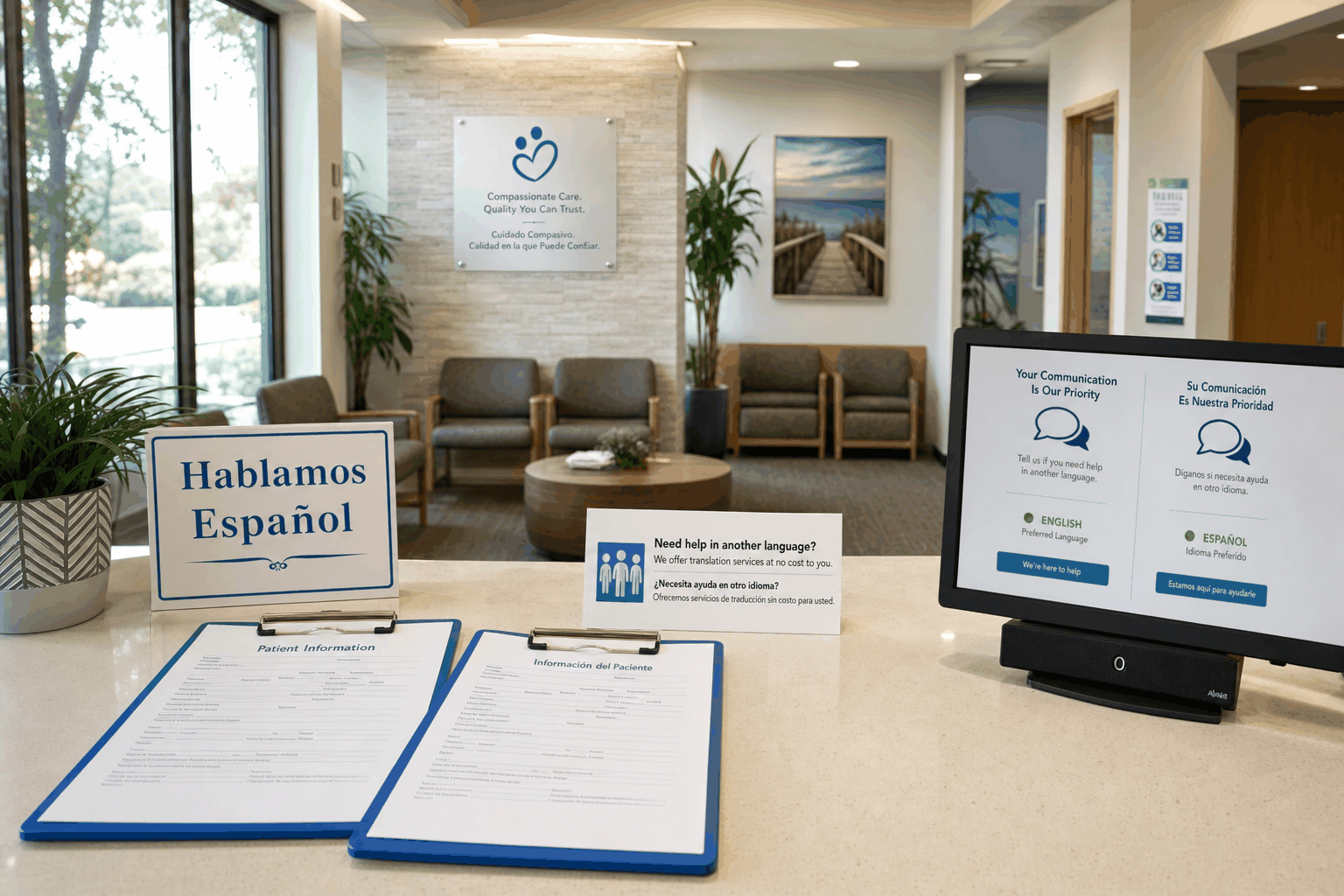 Medical practice waiting room with bilingual patient communication and voice AI access