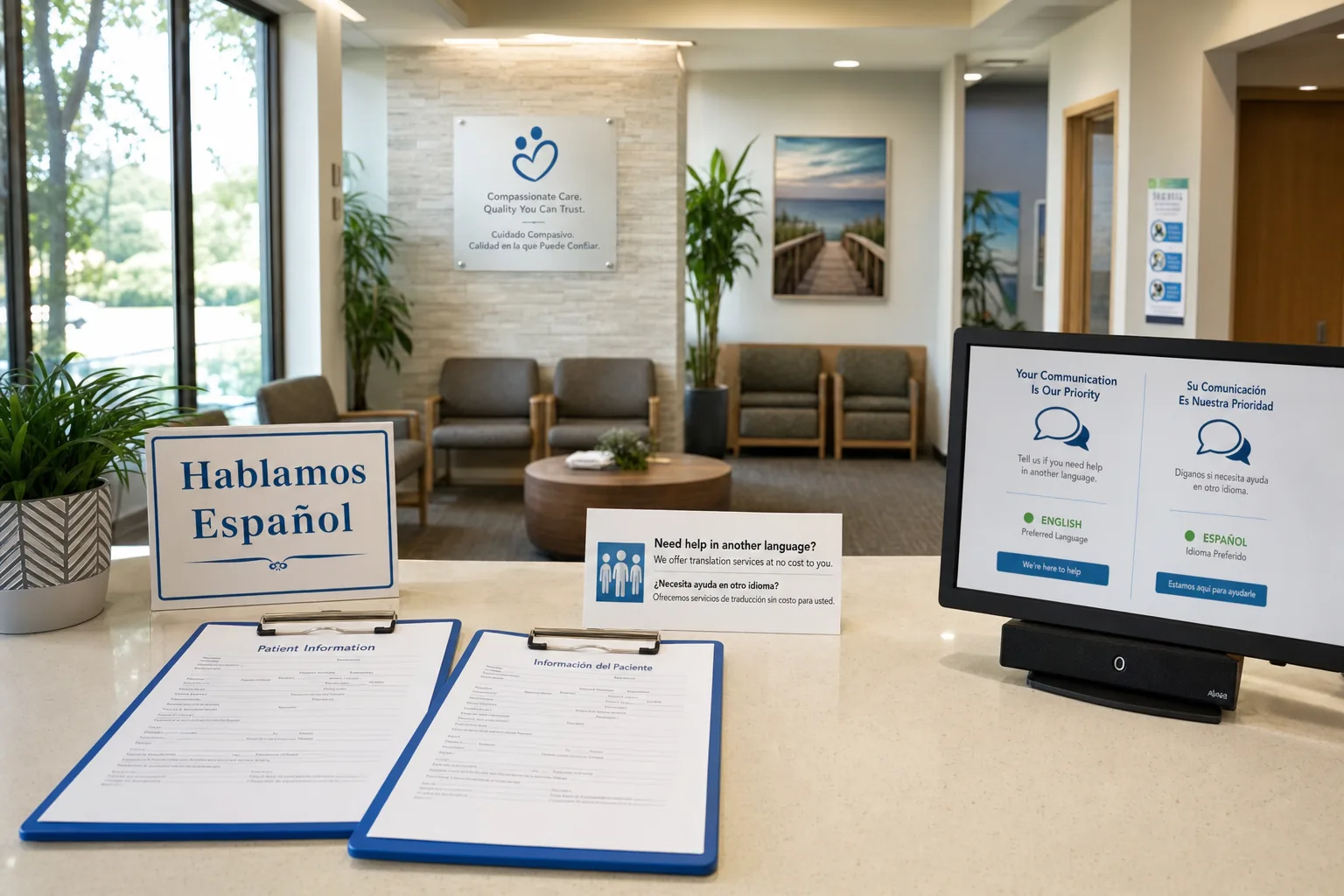 Medical practice waiting room with bilingual patient communication and voice AI access
