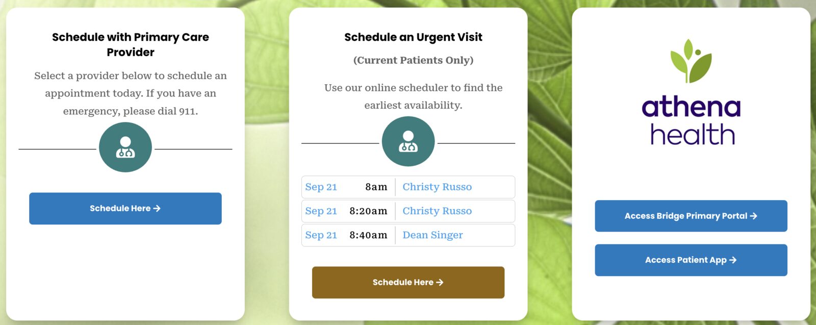 Bridge Primary homepage showing the next three open urgent-visit times with the provider name for each, next to a Schedule Here button