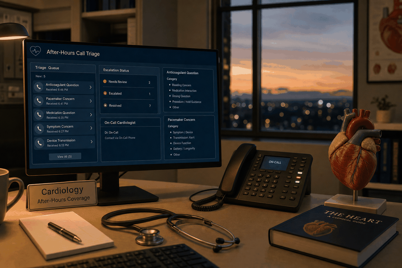 Cardiology after-hours call triage workstation for patient symptom and medication questions