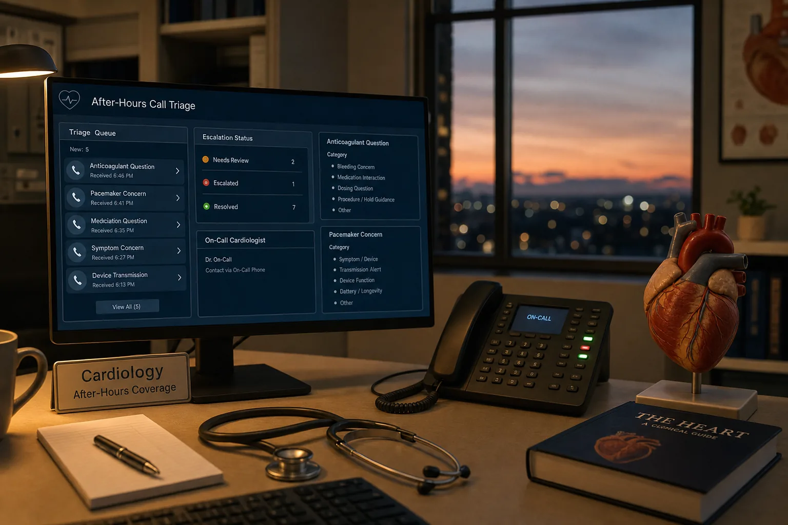 Cardiology after-hours call workstation for structured patient intake and clinician escalation