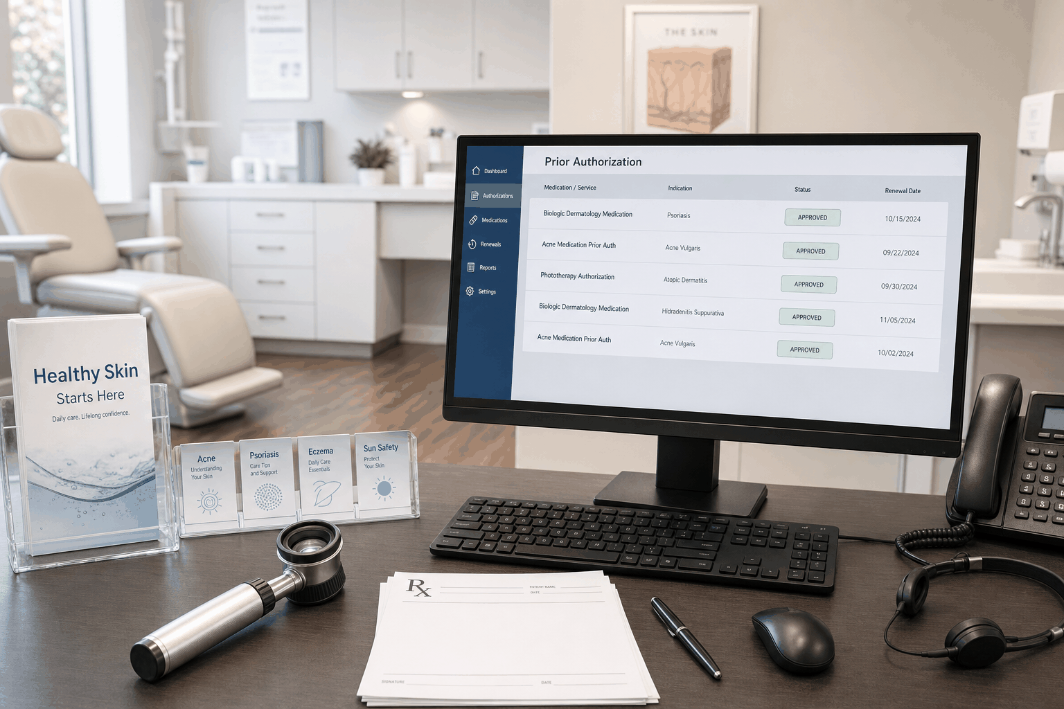 Dermatology prior authorization workspace tracking medication approvals and renewals with AI