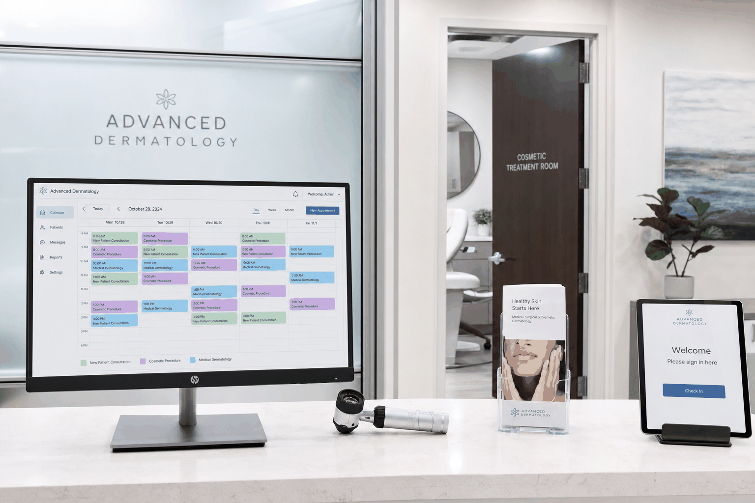 Dermatology practice scheduling desk with AI-managed procedure and follow-up appointments