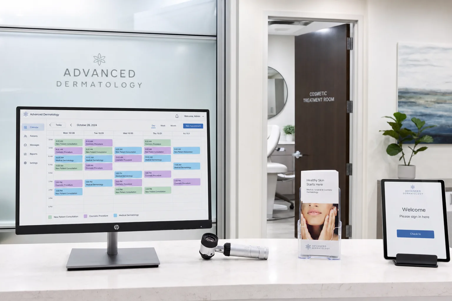 Dermatology practice scheduling desk with AI-managed procedure and follow-up appointments