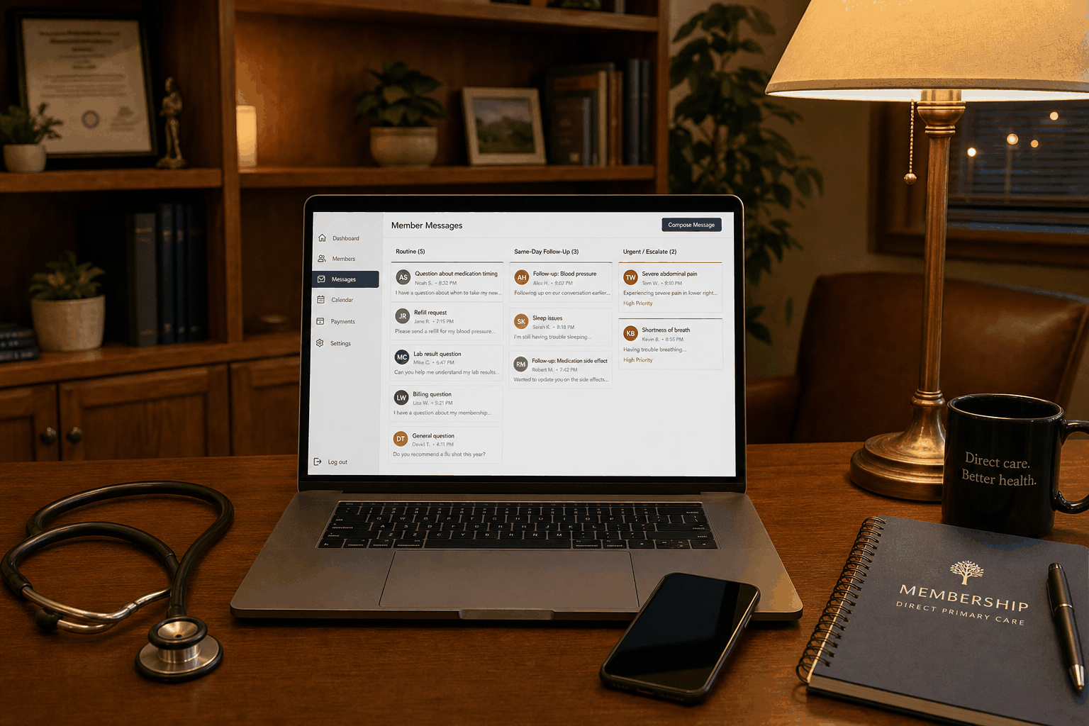 Direct primary care physician desk managing after-hours member messages with AI triage