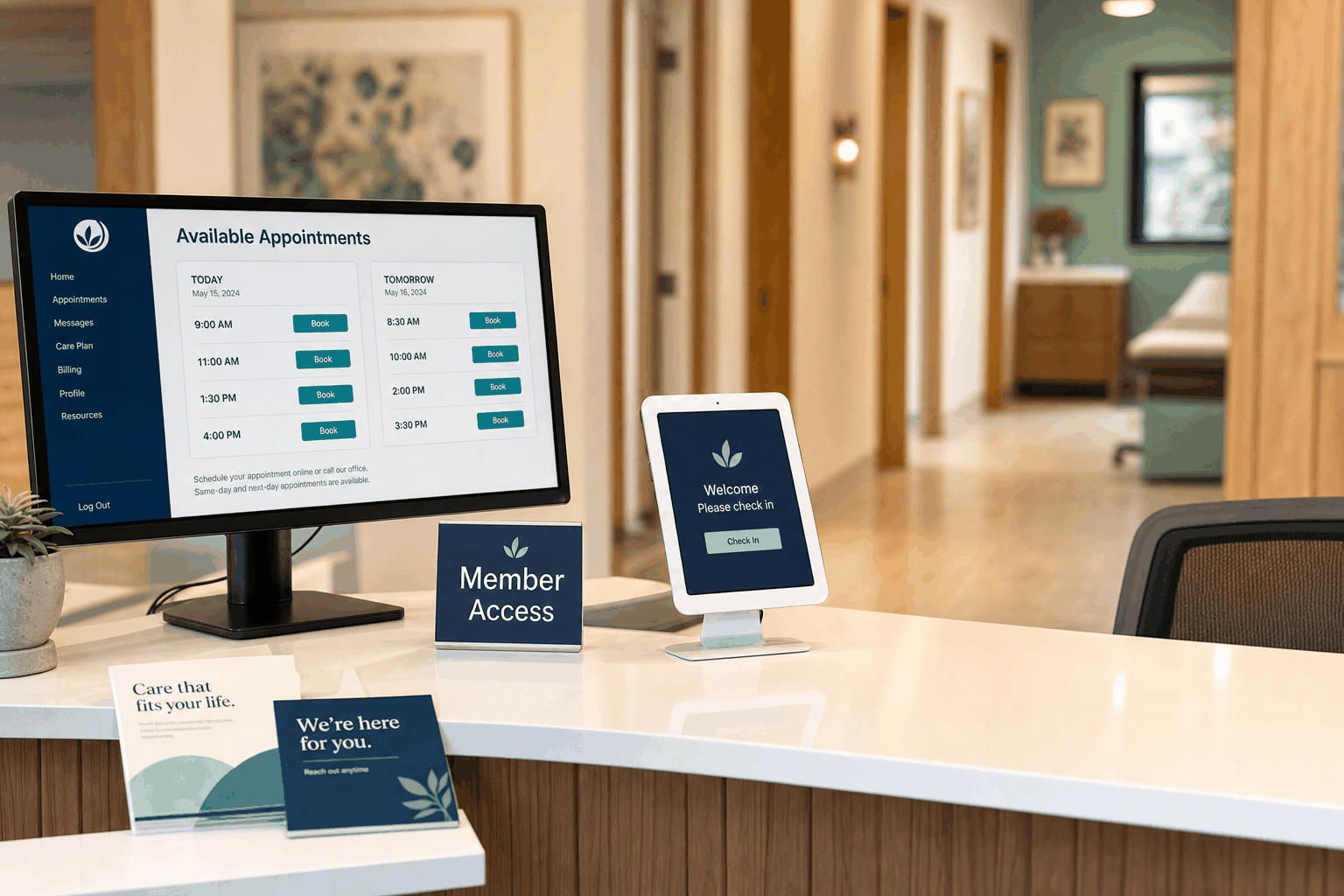 Direct primary care clinic scheduling same-day and next-day member appointments with AI assistance
