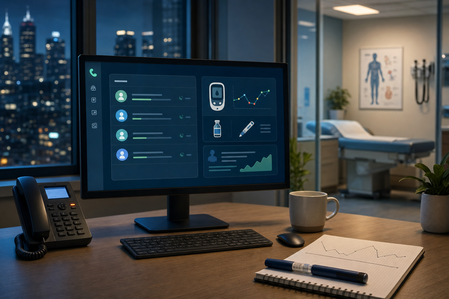 Endocrinology practice after-hours call station with AI voice triage handling diabetes and insulin questions