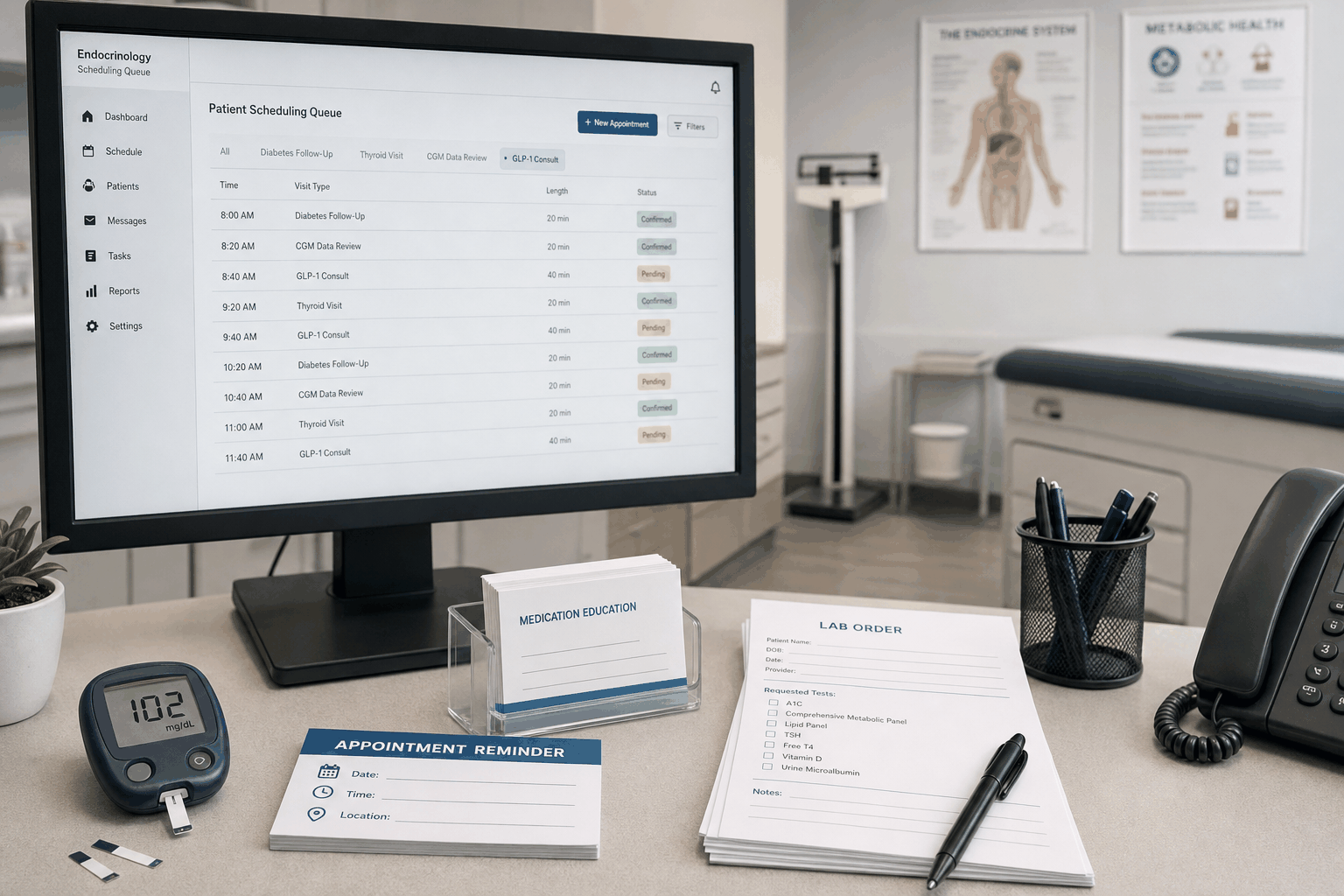 Endocrinology scheduling desk coordinating GLP-1 consults and chronic disease follow-ups with AI