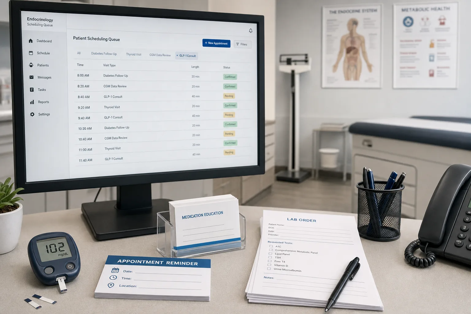 Endocrinology scheduling desk coordinating GLP-1 consults and chronic disease follow-ups with AI