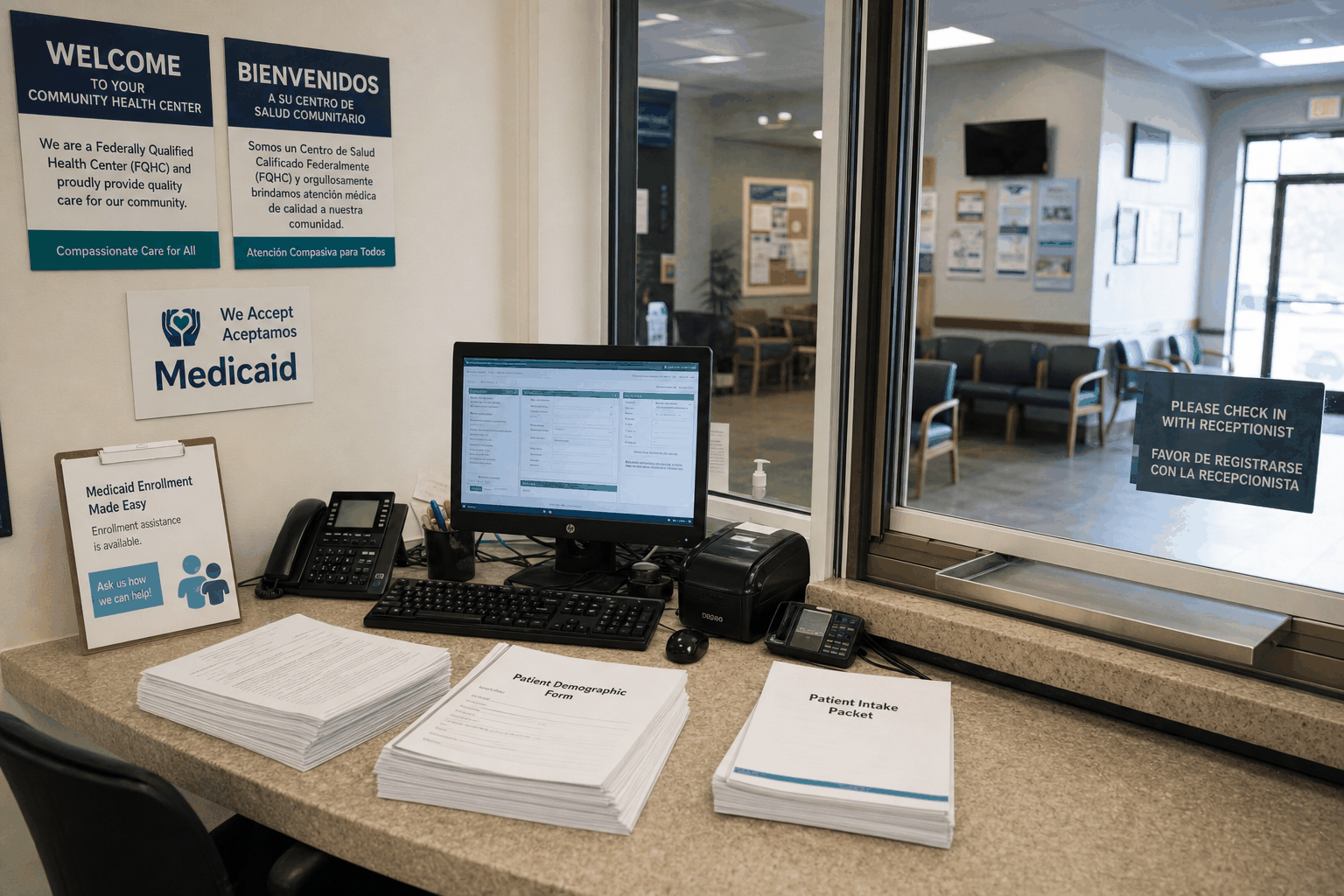 FQHC patient intake desk with AI-assisted forms and community health center workflow