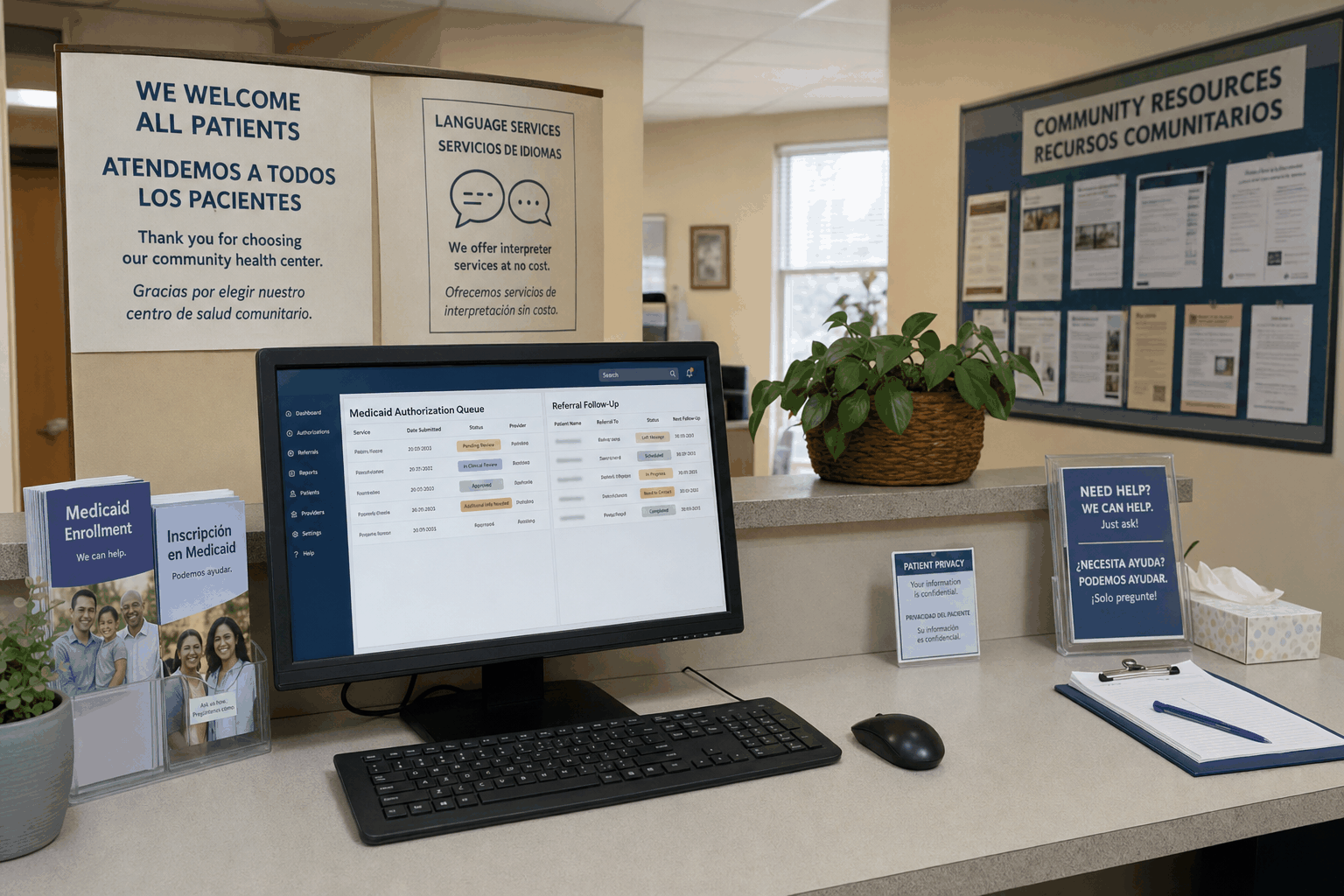 FQHC Medicaid prior authorization desk managing referral follow-up and payer coordination with AI