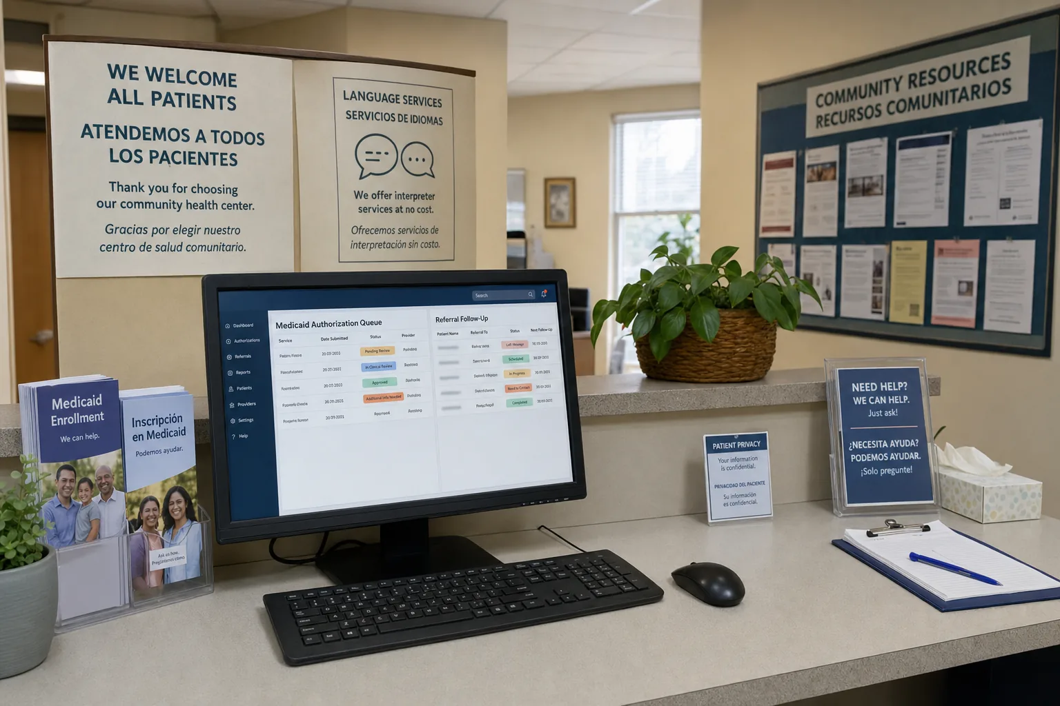 FQHC Medicaid prior authorization desk managing referral follow-up and payer coordination with AI