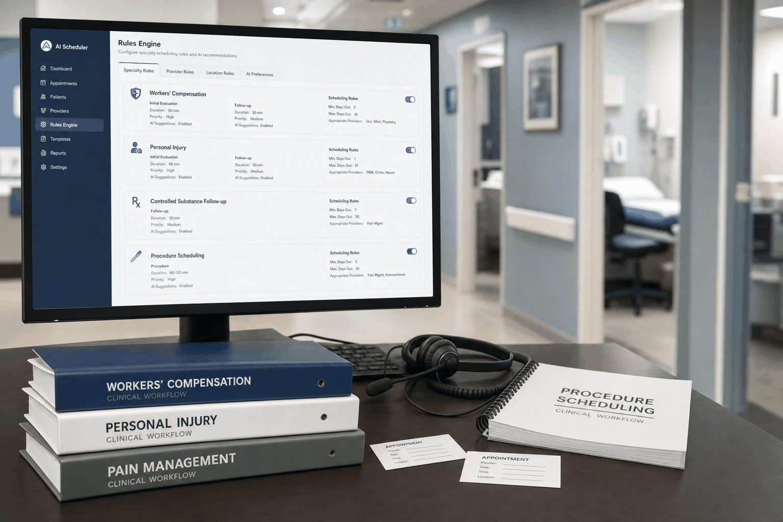 Specialty practice AI rules engine for workers compensation, personal injury, and procedure scheduling