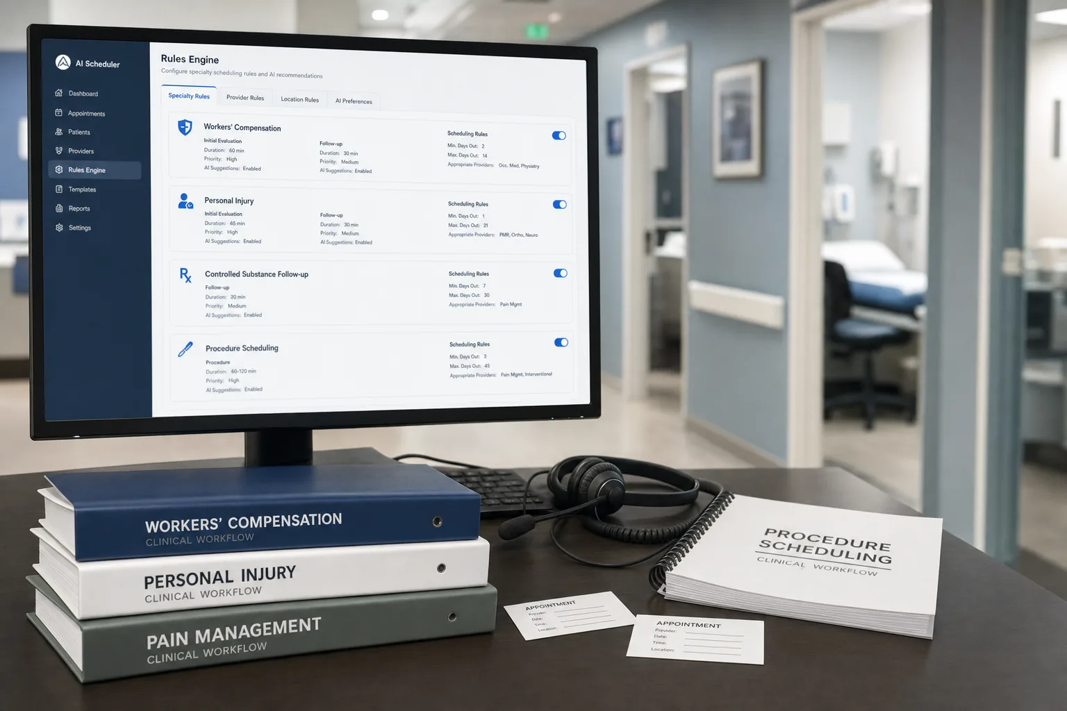 Specialty practice AI rules engine for workers compensation, personal injury, and procedure scheduling