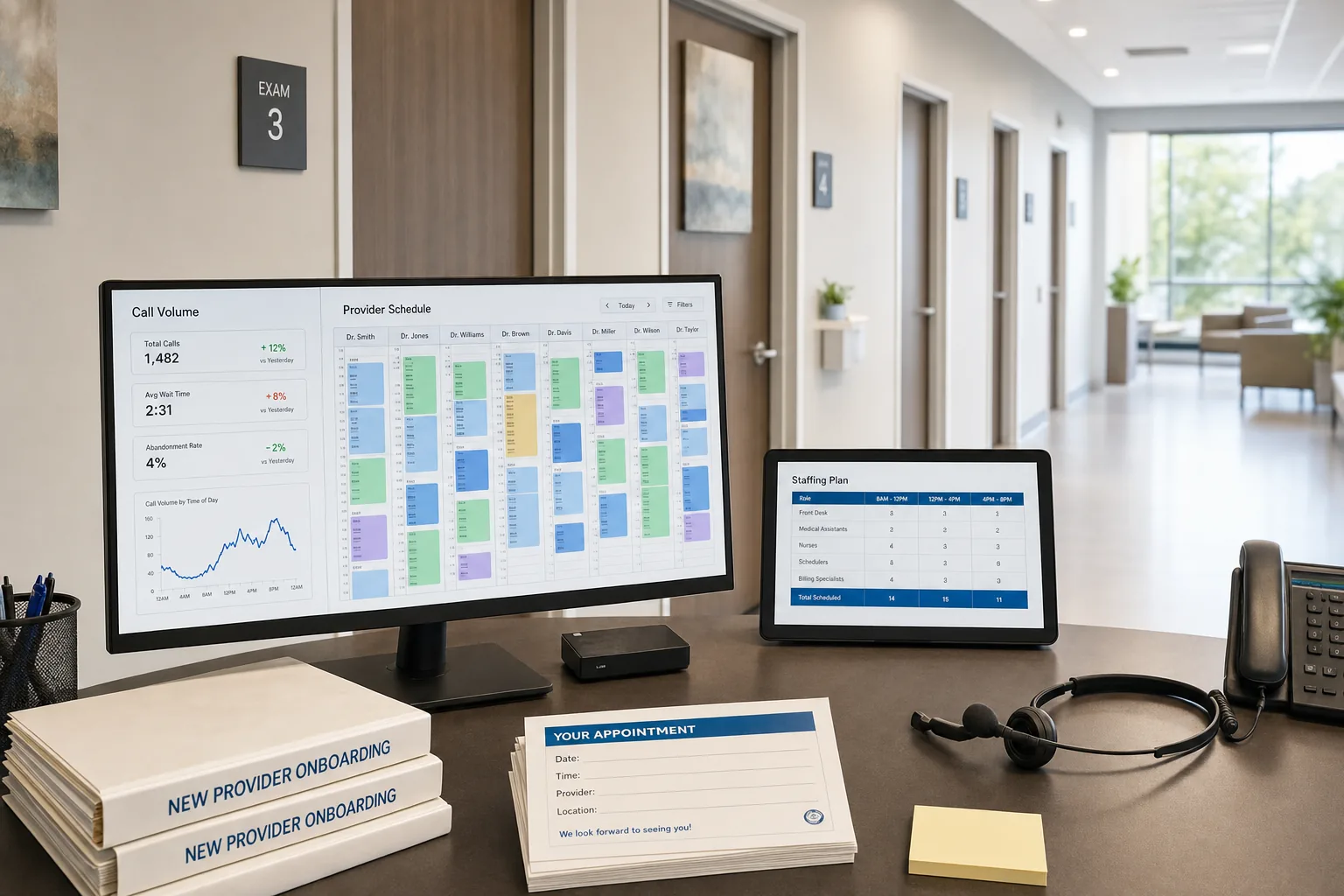 Growing medical practice operations desk tracking provider schedules and call volume with AI