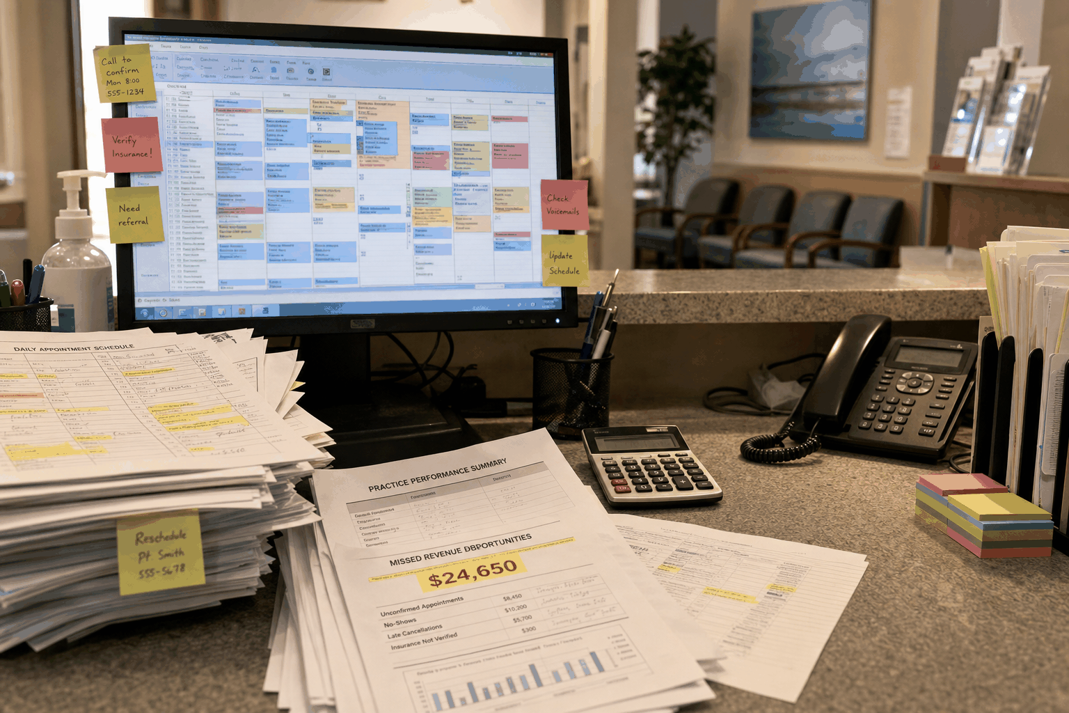 Medical appointment scheduling desk showing manual schedules and hidden administrative costs