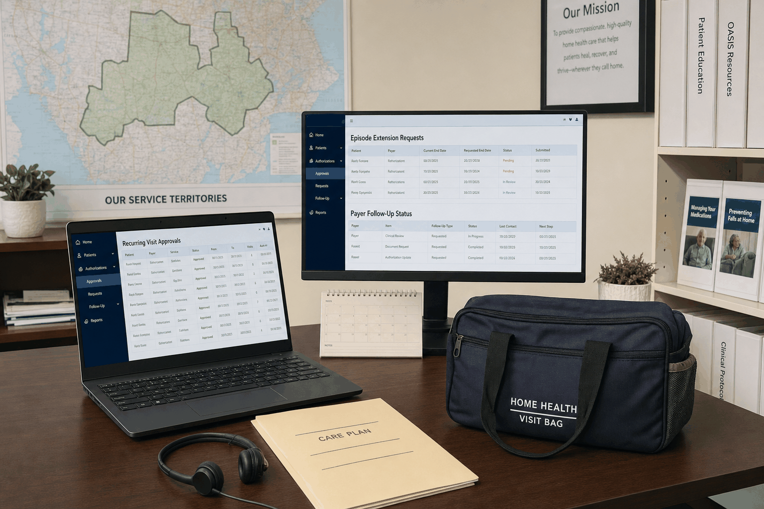 Home health agency prior authorization desk coordinating visit approvals and episode extensions