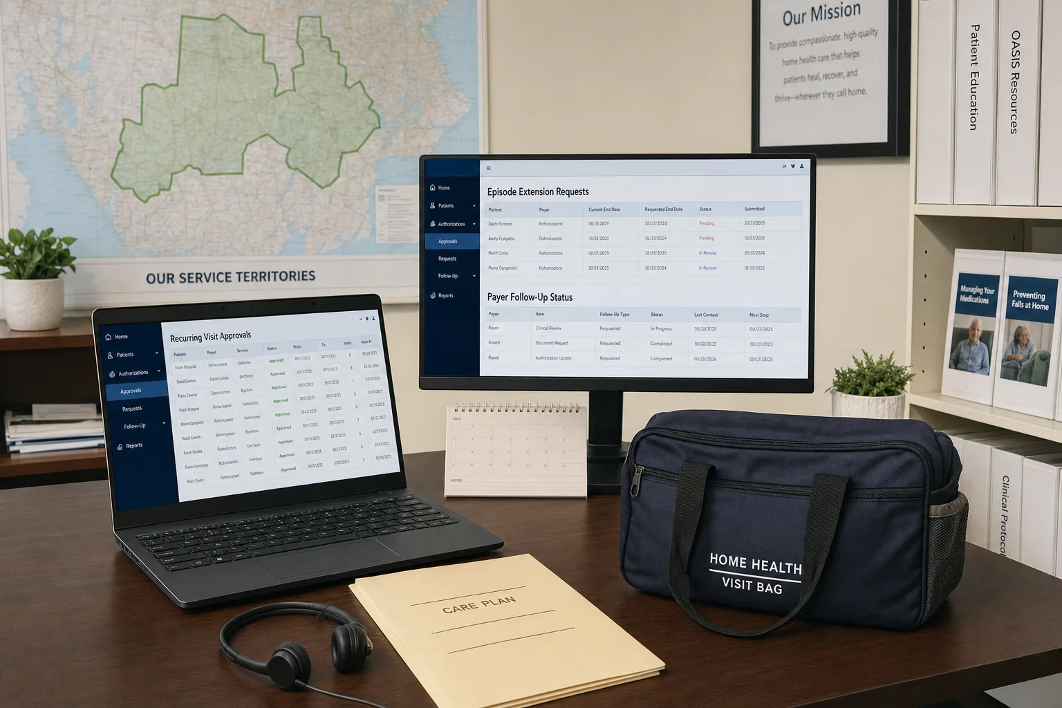Home health agency prior authorization desk coordinating visit approvals and episode extensions