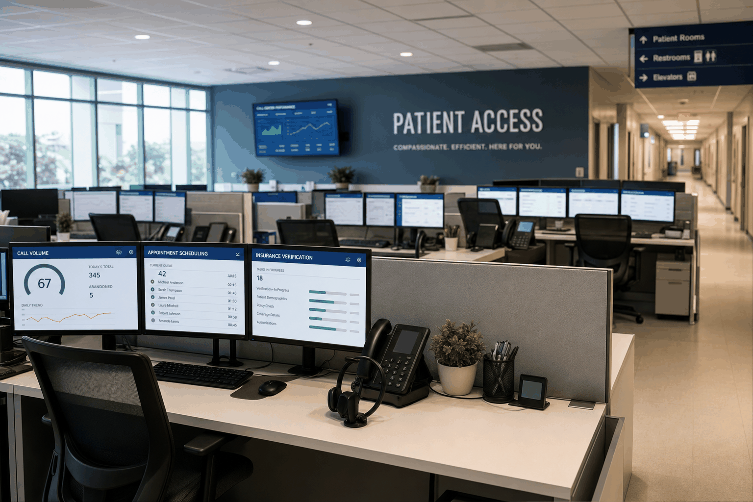 Hospital system patient access call center with AI call volume and scheduling dashboards