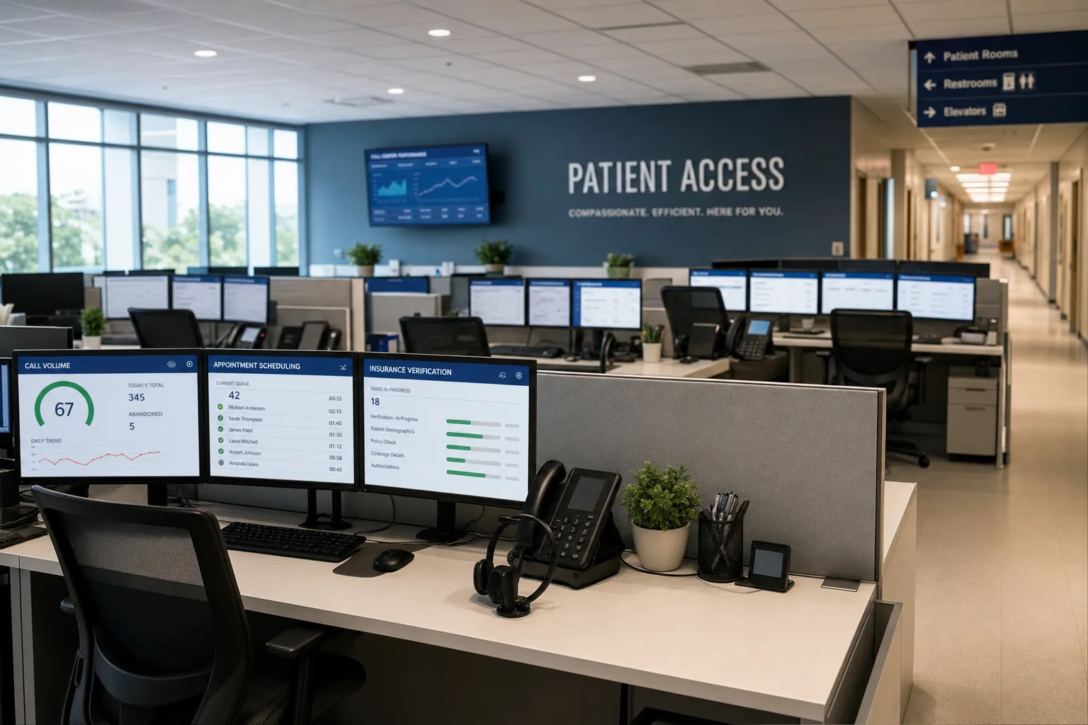 Hospital system patient access call center with AI call volume and scheduling dashboards