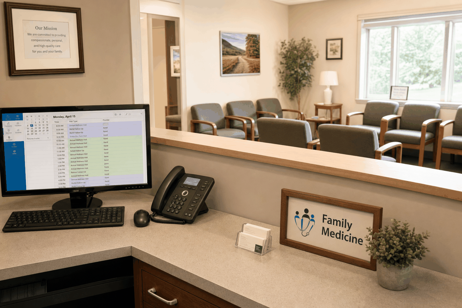 Independent primary care front desk scheduling same-day visits and follow-ups with AI