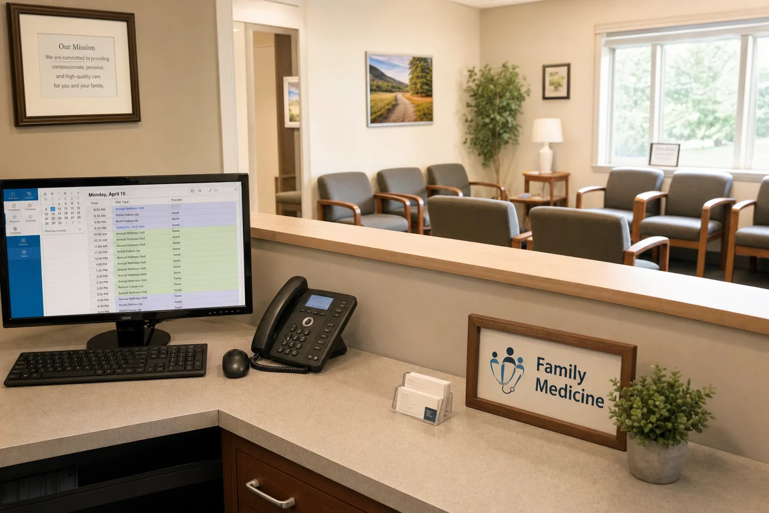 Independent primary care front desk scheduling same-day visits and follow-ups with AI