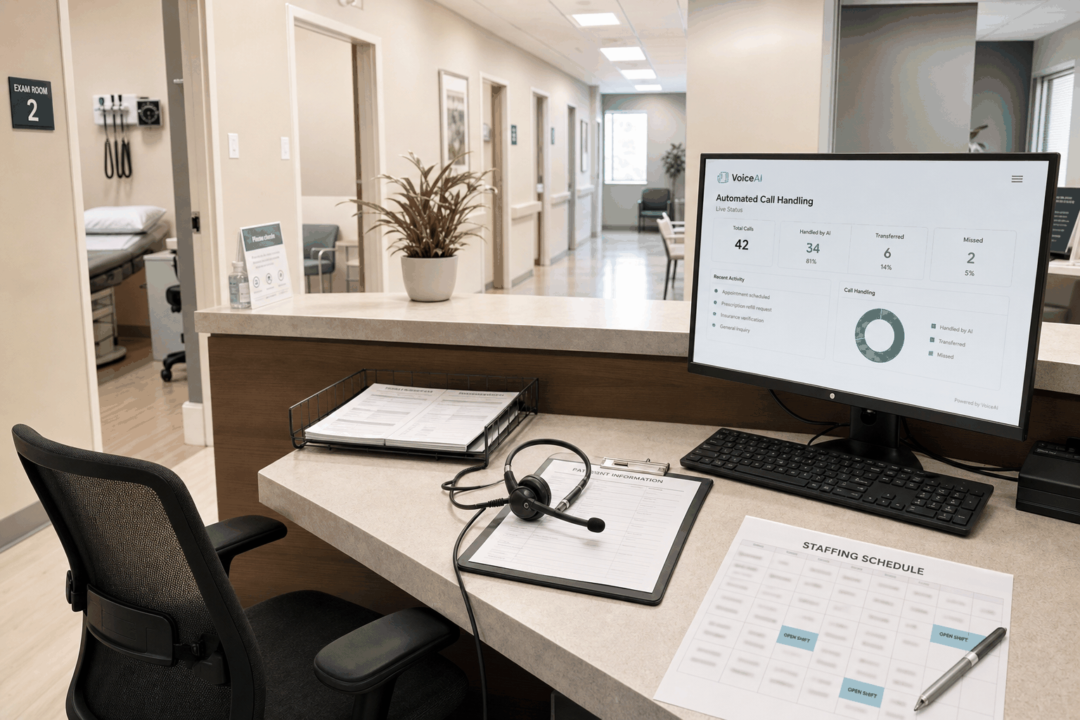 Medical practice front desk using voice AI to handle calls during staffing shortages