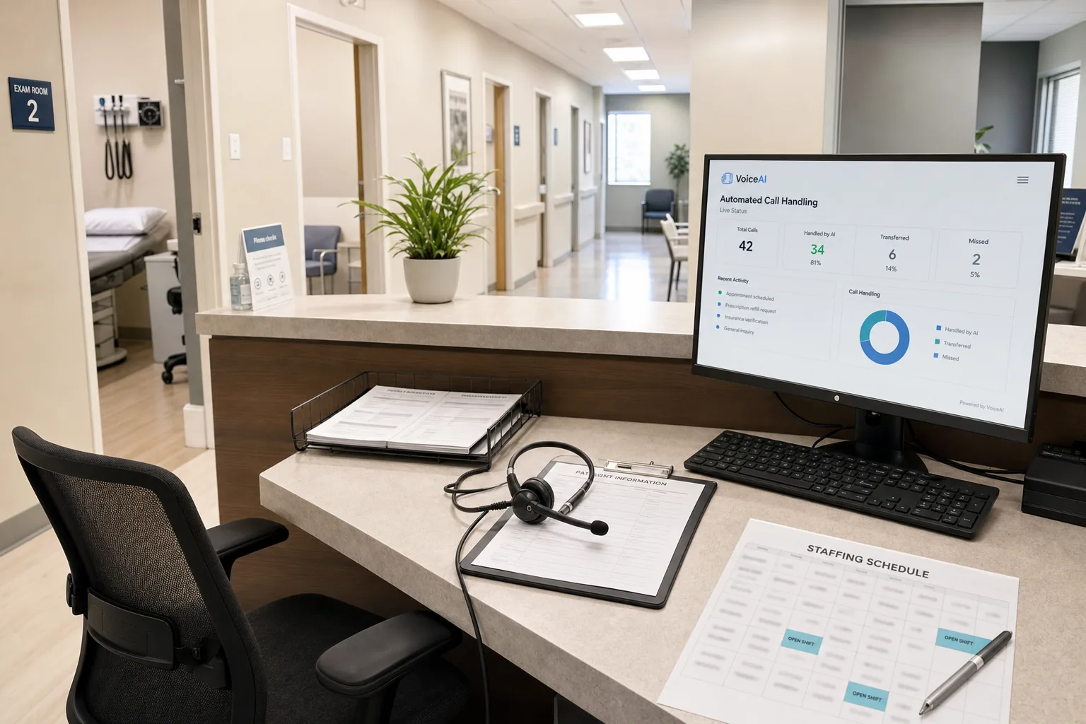 Medical practice front desk using voice AI to handle calls during staffing shortages