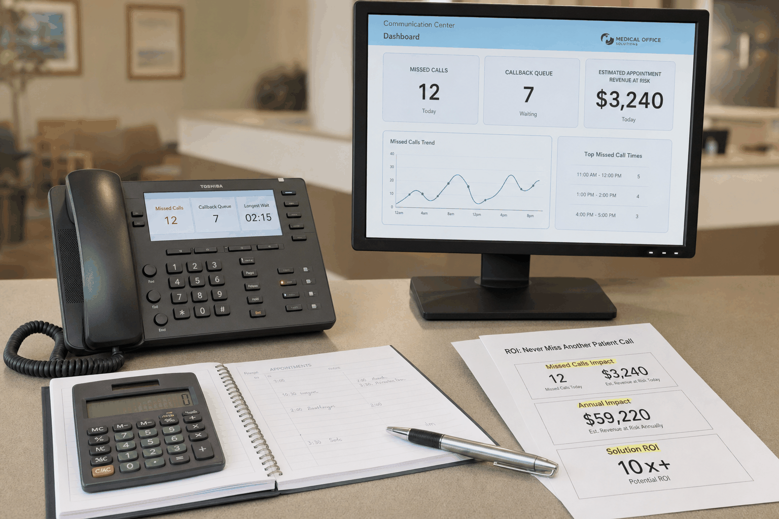 Medical practice missed call dashboard showing callback queue and appointment revenue at risk