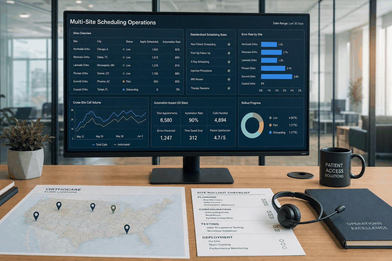 MSO operations dashboard standardizing scheduling automation across multiple clinic sites