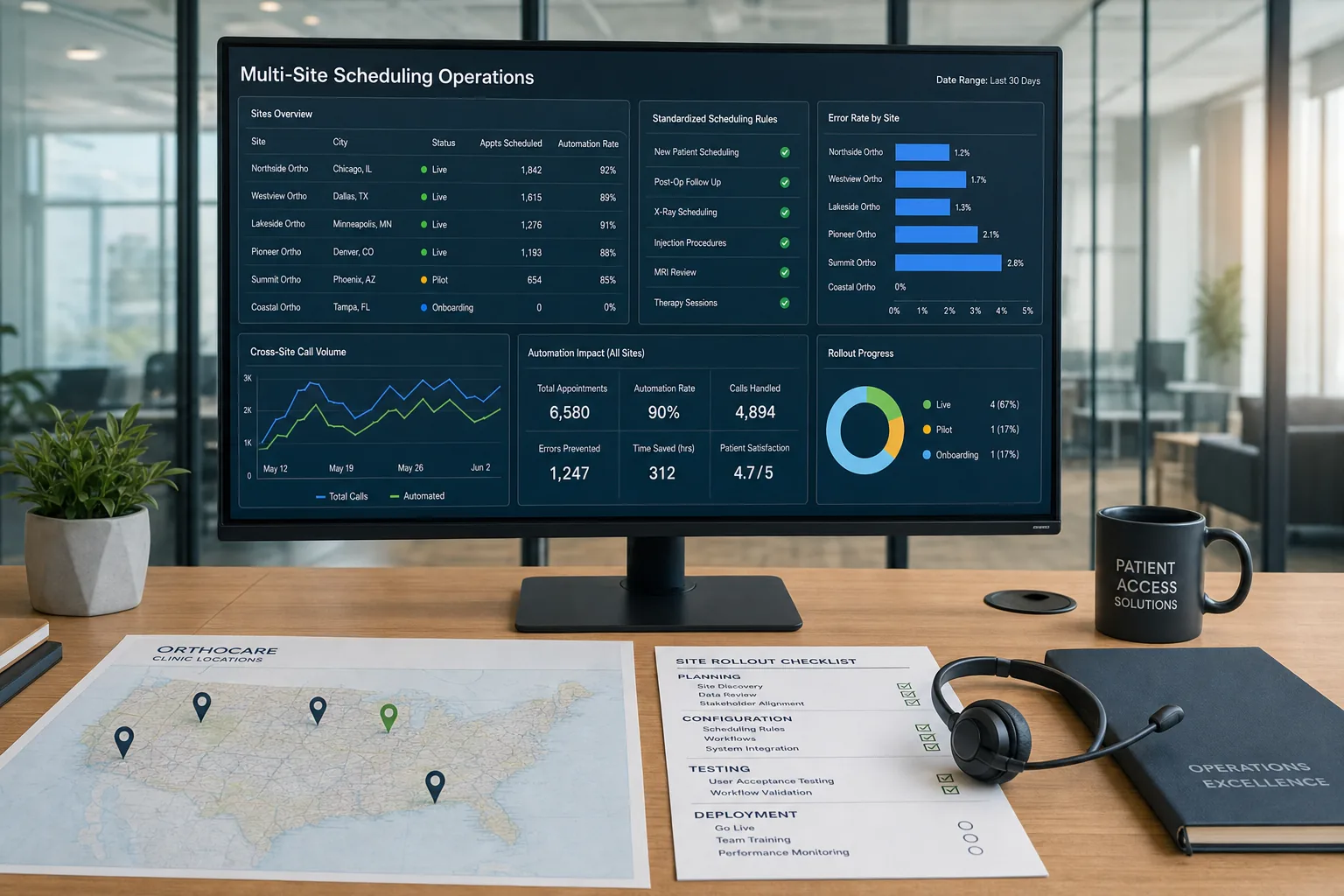 MSO operations dashboard standardizing scheduling automation across multiple clinic sites