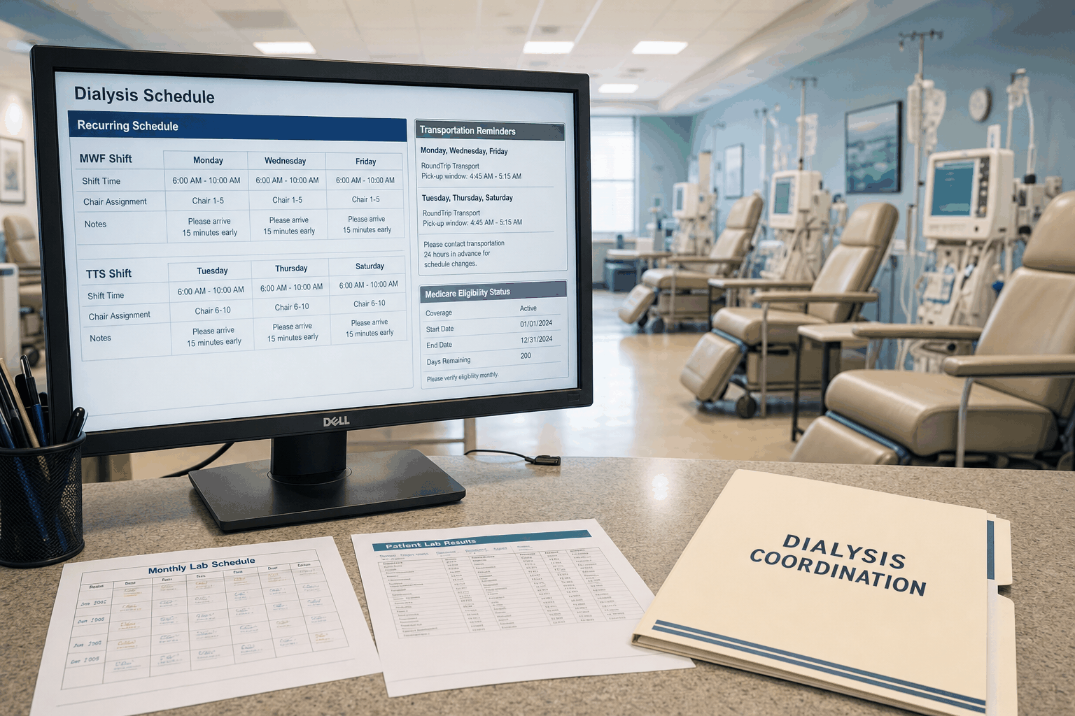 Nephrology dialysis scheduling station coordinating recurring treatment appointments with AI