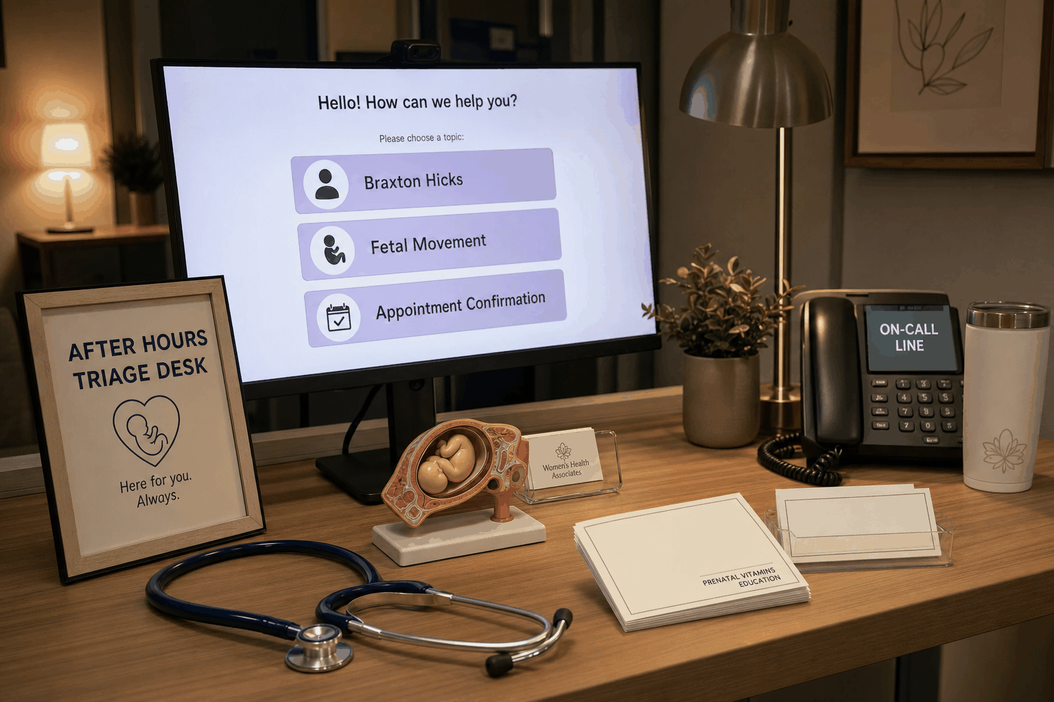 OB/GYN after-hours triage desk handling pregnant patient questions with AI support