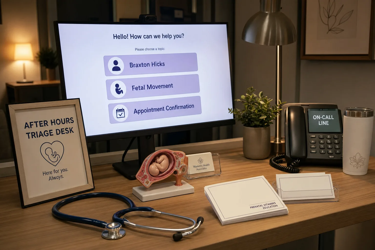 OB/GYN after-hours triage desk handling pregnant patient questions with AI support