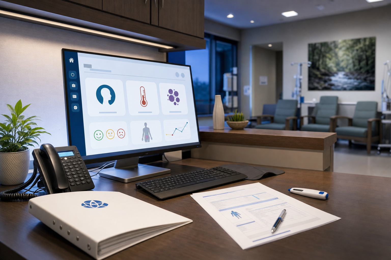 Oncology practice after-hours call station with AI voice triage handling chemotherapy side-effect questions