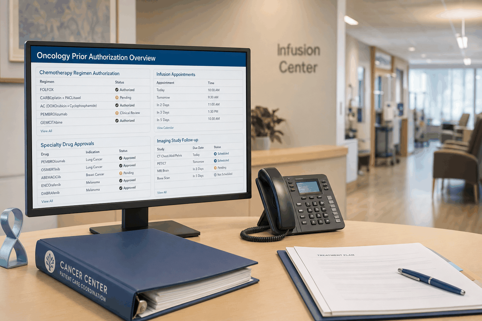 Oncology prior authorization desk coordinating chemotherapy and imaging approvals with AI