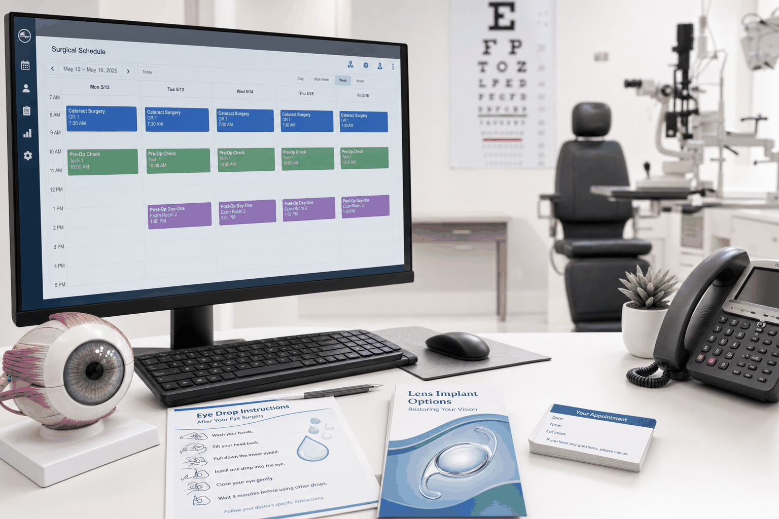 Ophthalmology surgical scheduling workstation for cataract pre-op and post-op coordination