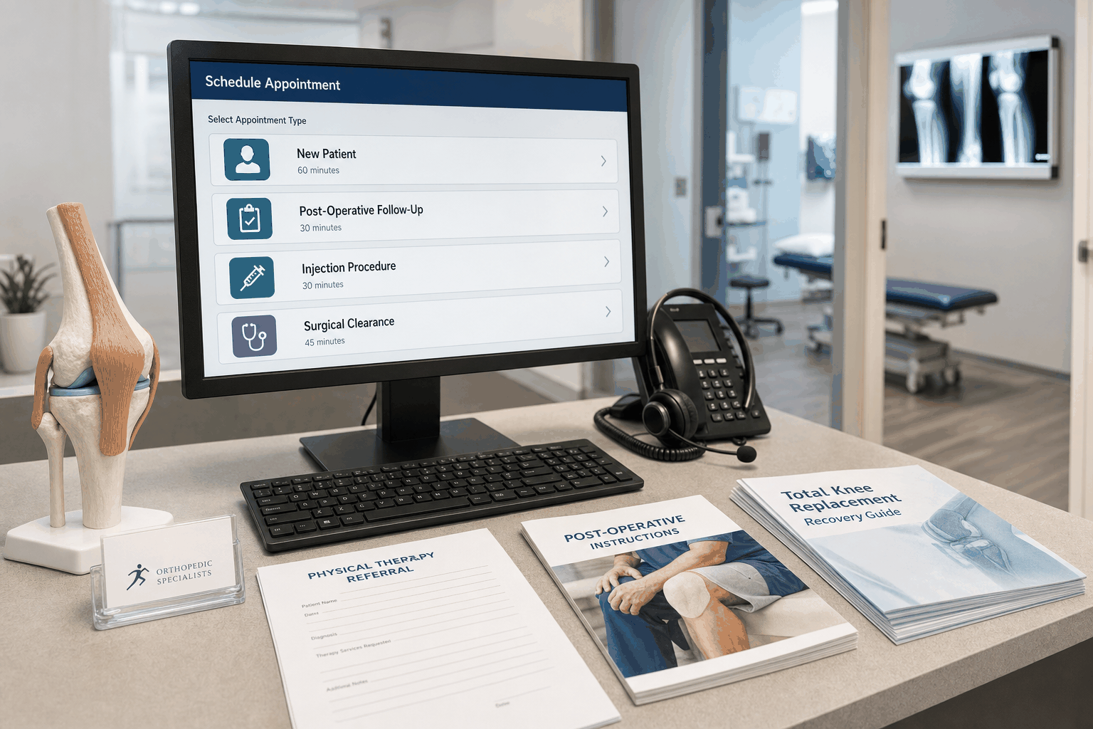 Orthopedic practice scheduling workstation coordinating post-op, injection, and surgical clearance visits